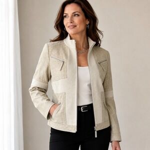 St John Sport Jacket Size Small Beige Knit Linen Blend Zip Front Moto Career